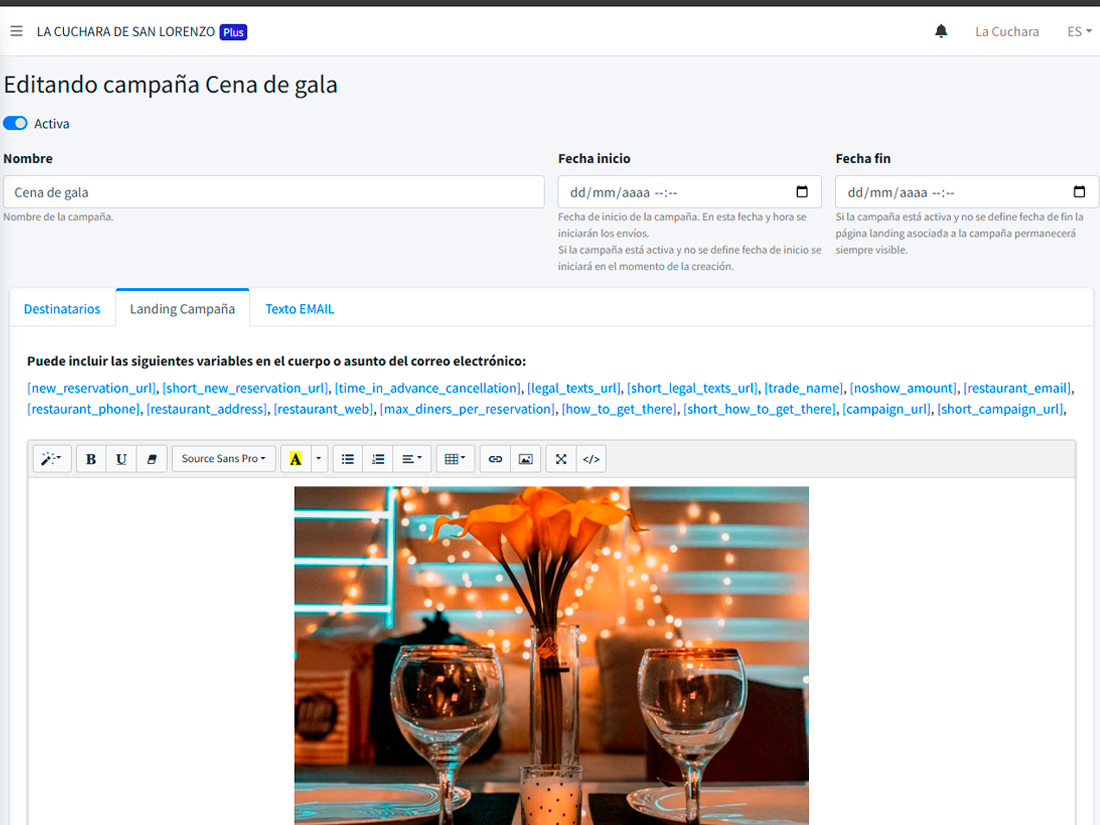 Editor visual de email con vista previa desktop y mobile lado a lado y campaña de ejemplo