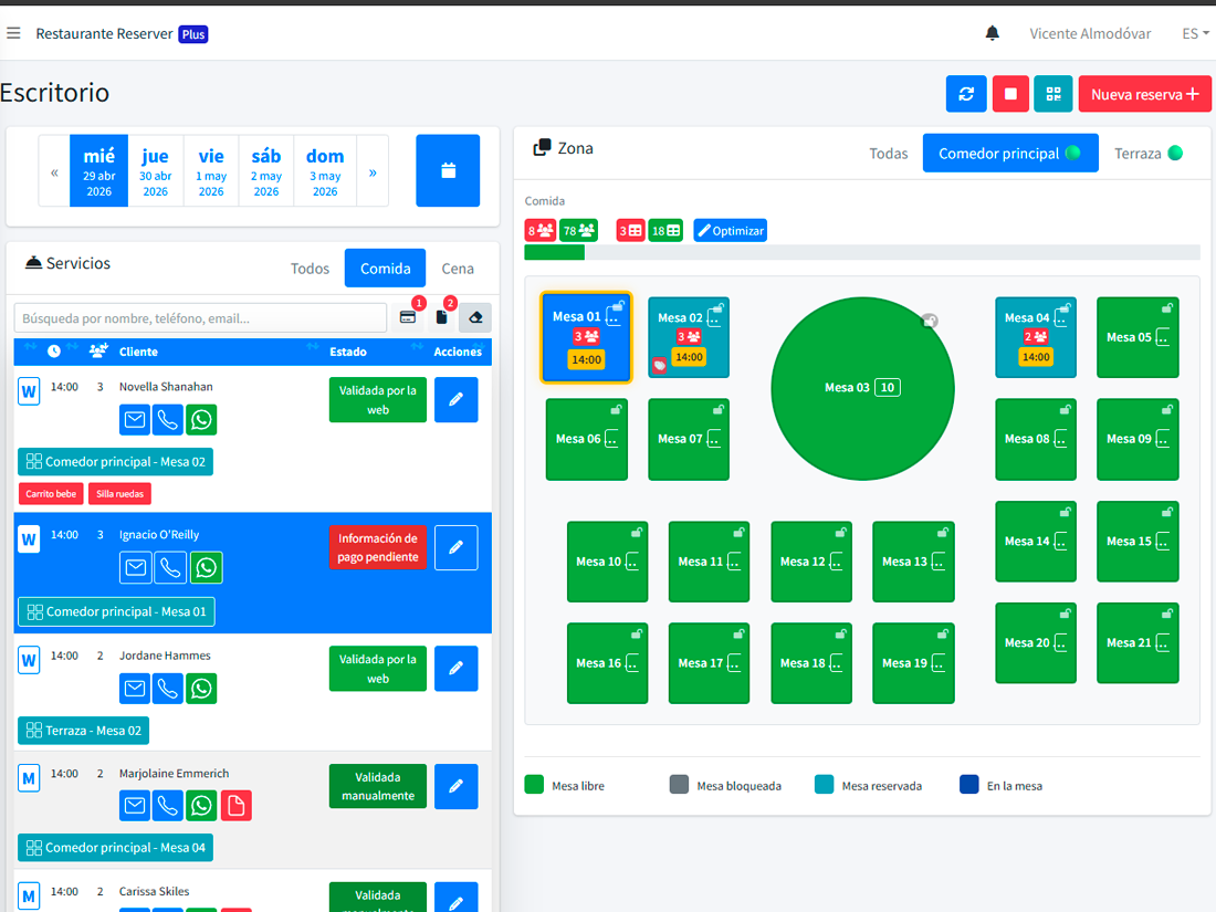 Listado de reservas con los 14 estados diferenciados por color y badge en el panel de Reserver