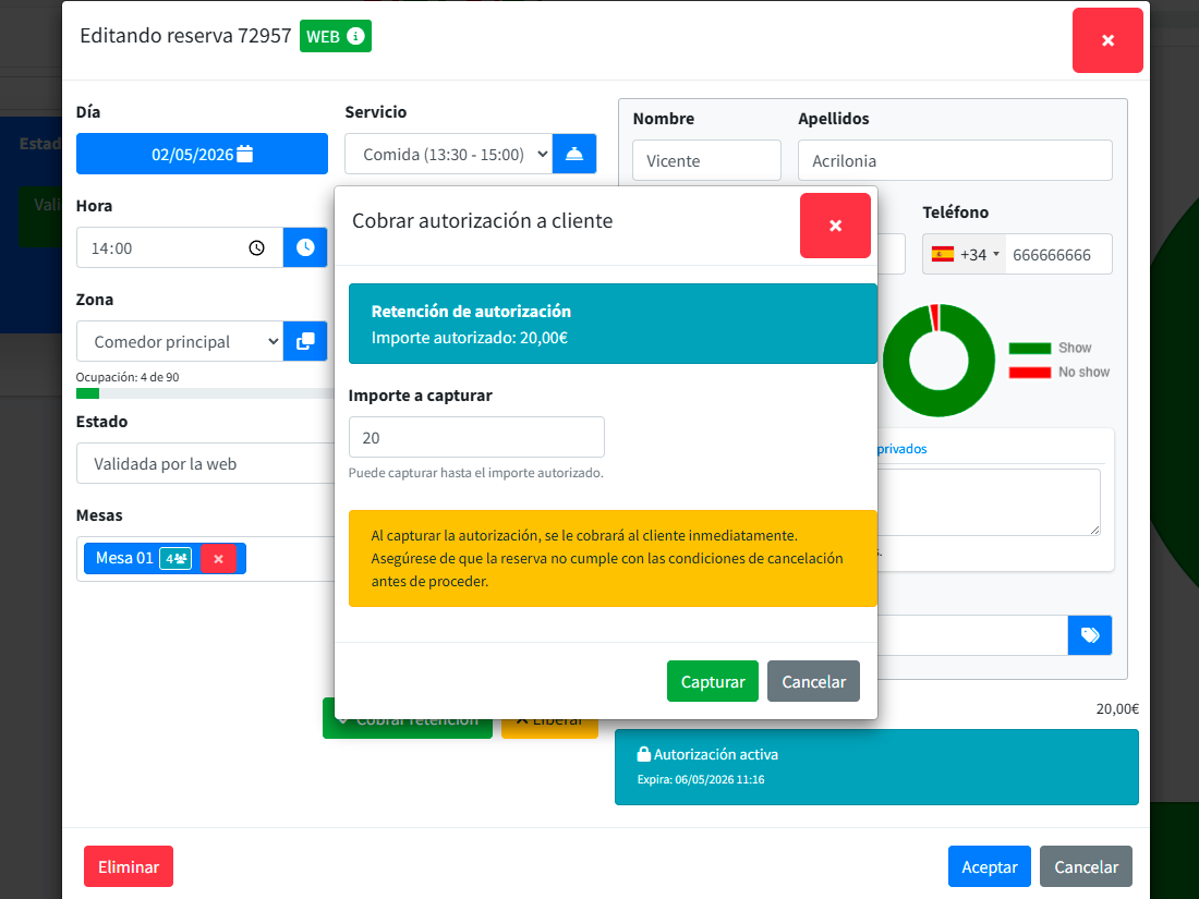 Diagrama del flujo de preautorización Stripe: reserva, bloqueo de fondos, visita y liberación automática o captura