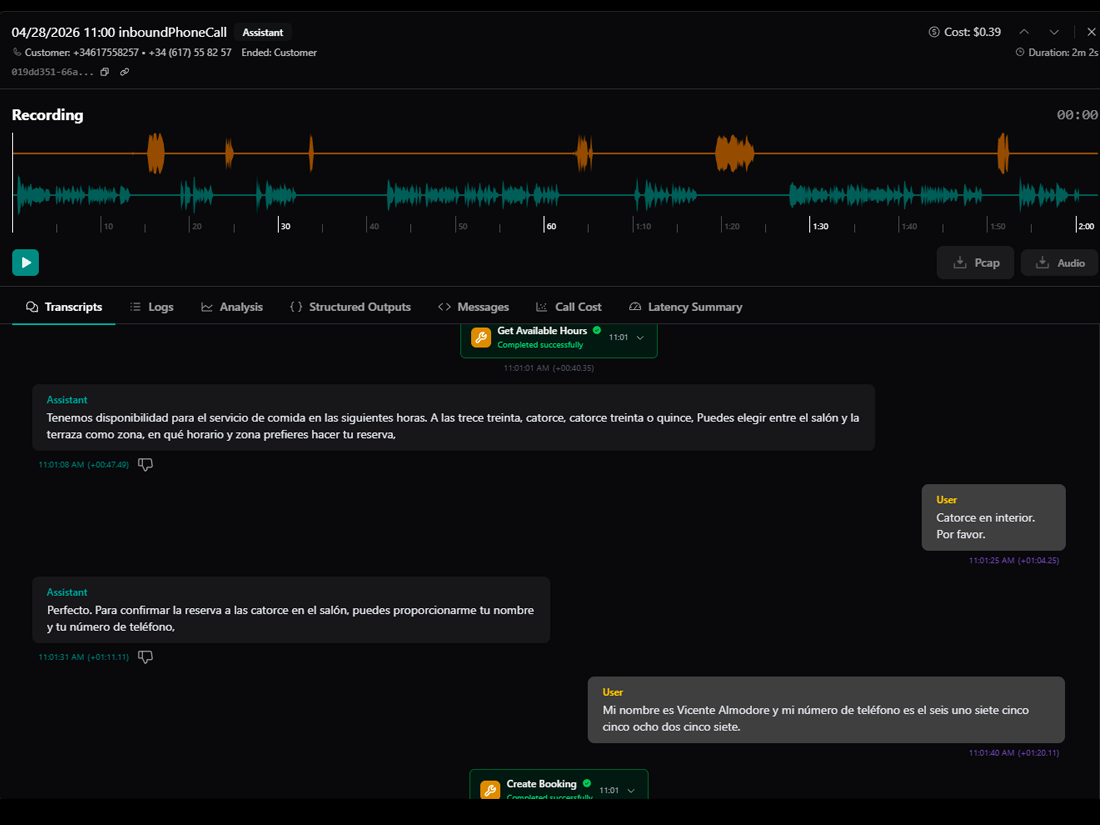 Incoming call to the restaurant with the live transcript on the Reserver dashboard showing the conversation with the voice assistant