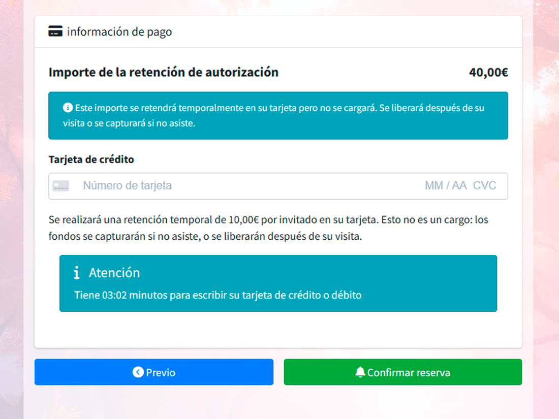 Stripe pre-authorization notice on the final step of the booking widget