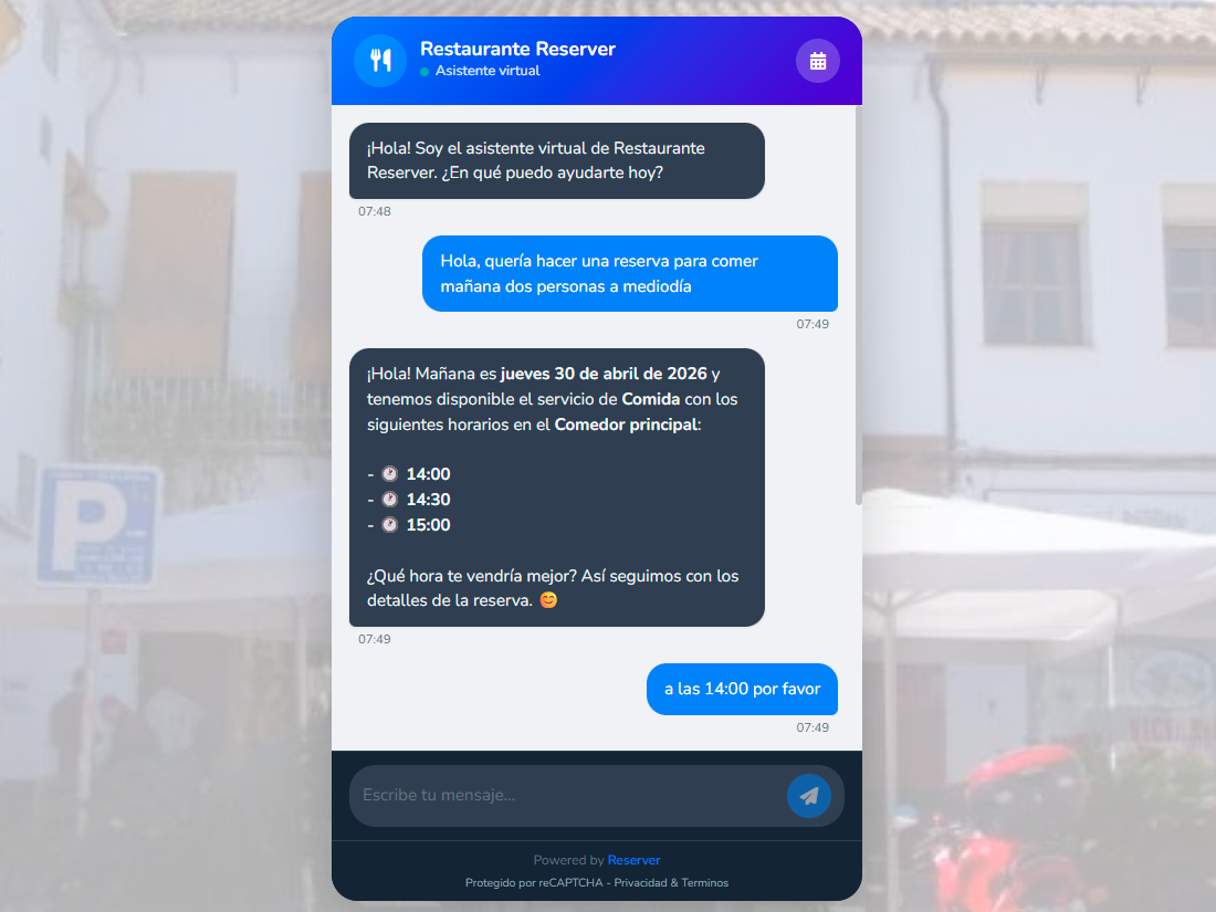 AI chatbot conversation in the Reserver dashboard with a function call running and a reservation created