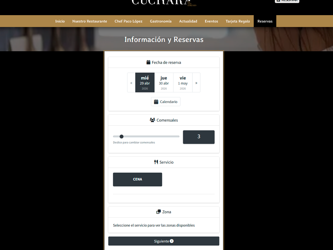 Booking widget embedded inside the restaurant’s own website with its own brand, no third-party logos or domain