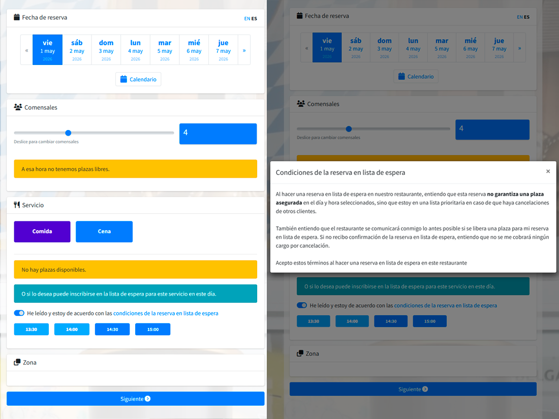 Paso del widget cuando no hay disponibilidad: aviso de plaza no garantizada y formulario para apuntarse a la lista de espera