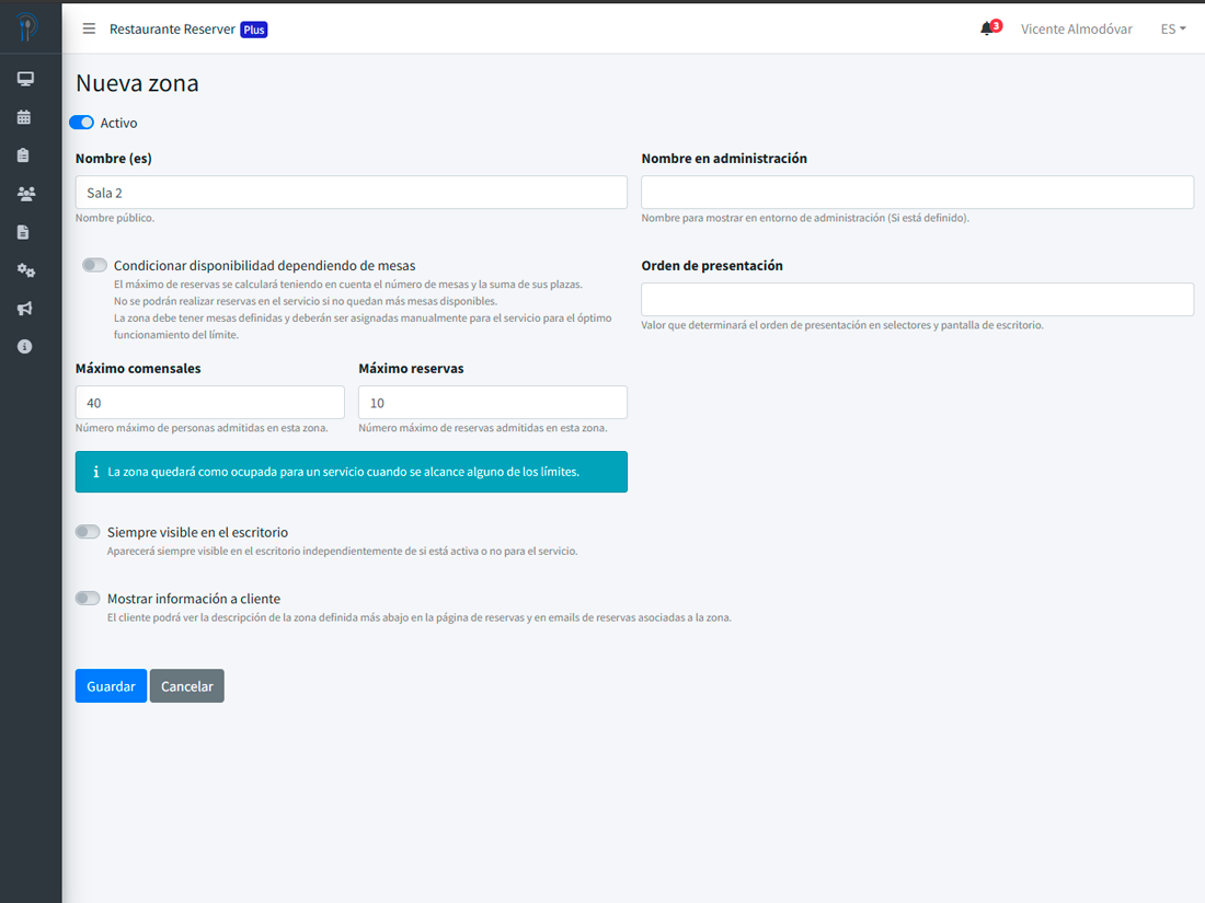 Pantalla de creación de zona en Reserver con «Sala» y aforo 40 rellenos y botón Guardar resaltado