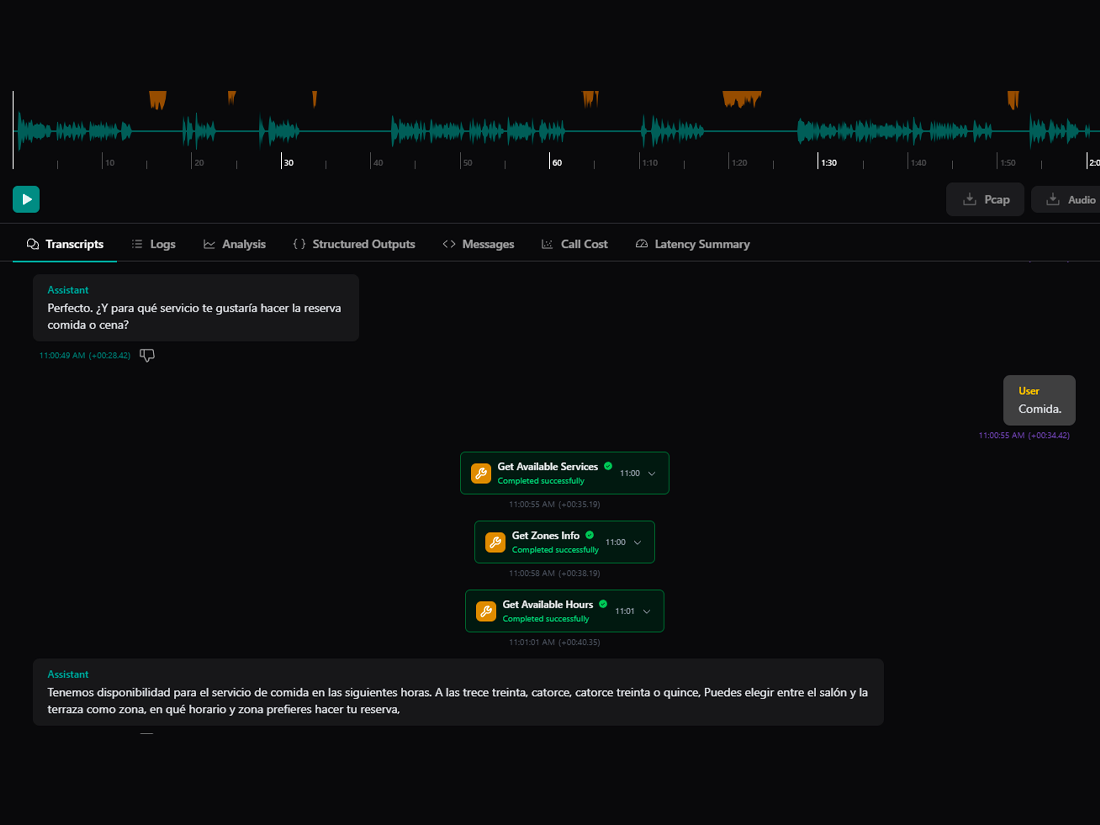 Detail of a finished call listing the actions the assistant executed: availability lookup, booking creation, and SMS confirmation