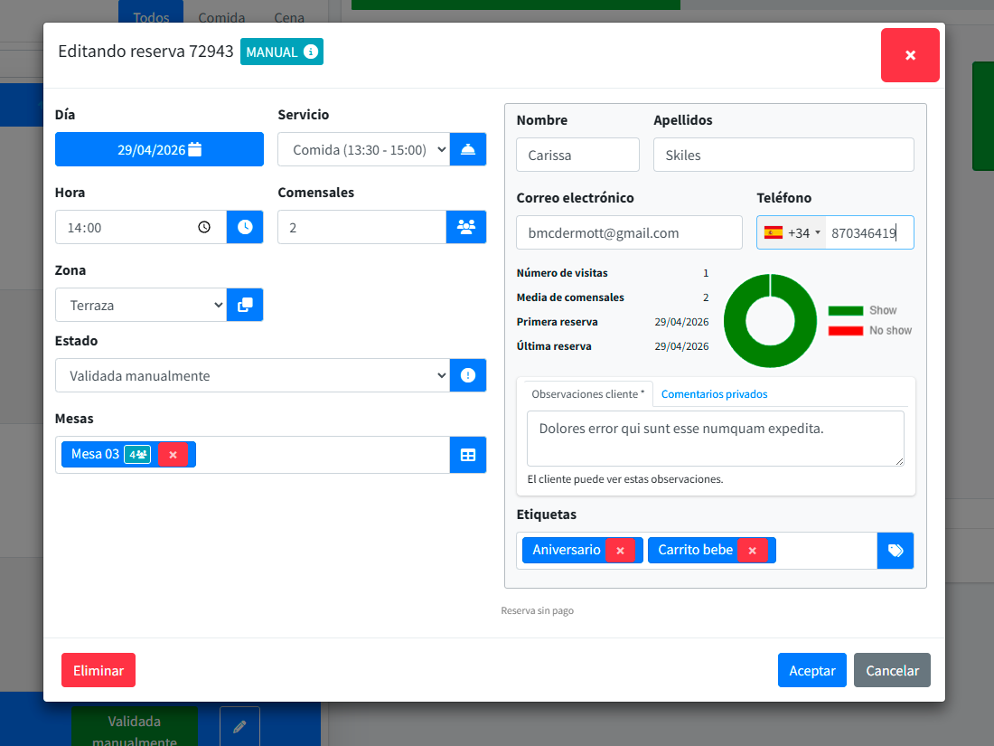 Selector de etiquetas de reserva con presets del sector y etiquetas personalizadas creadas por el restaurante