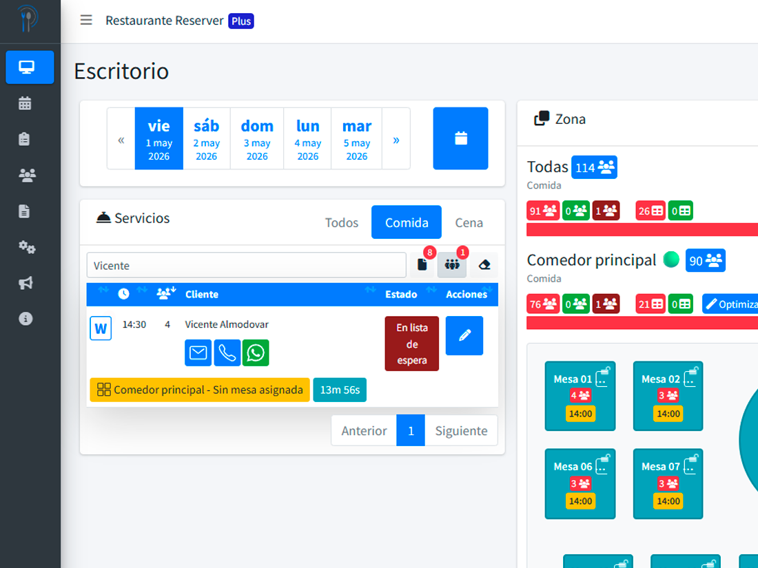 Desktop search with a last-name filter and the matching reservation highlighted among the service’s bookings