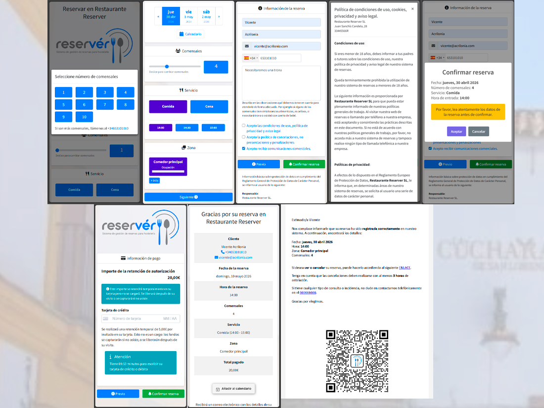Mobile widget steps: date, service, time and guest details with final confirmation