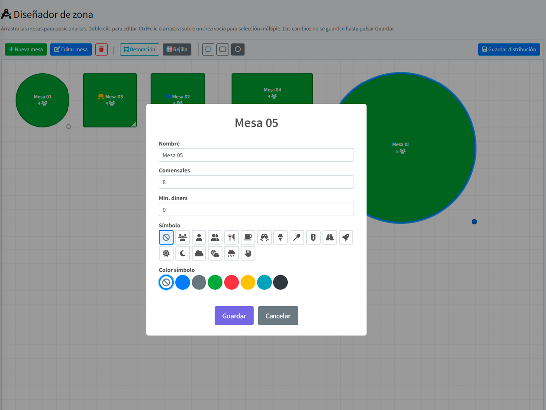 Physical table profile with minimum and maximum capacity, symbol, colour and per-service blocking options
