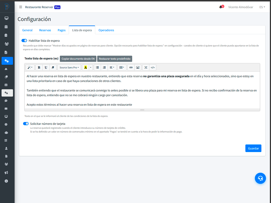 Configuración del filtro opcional de tarjeta al apuntarse a la lista de espera con el flujo de Stripe equivalente al de las reservas con pago