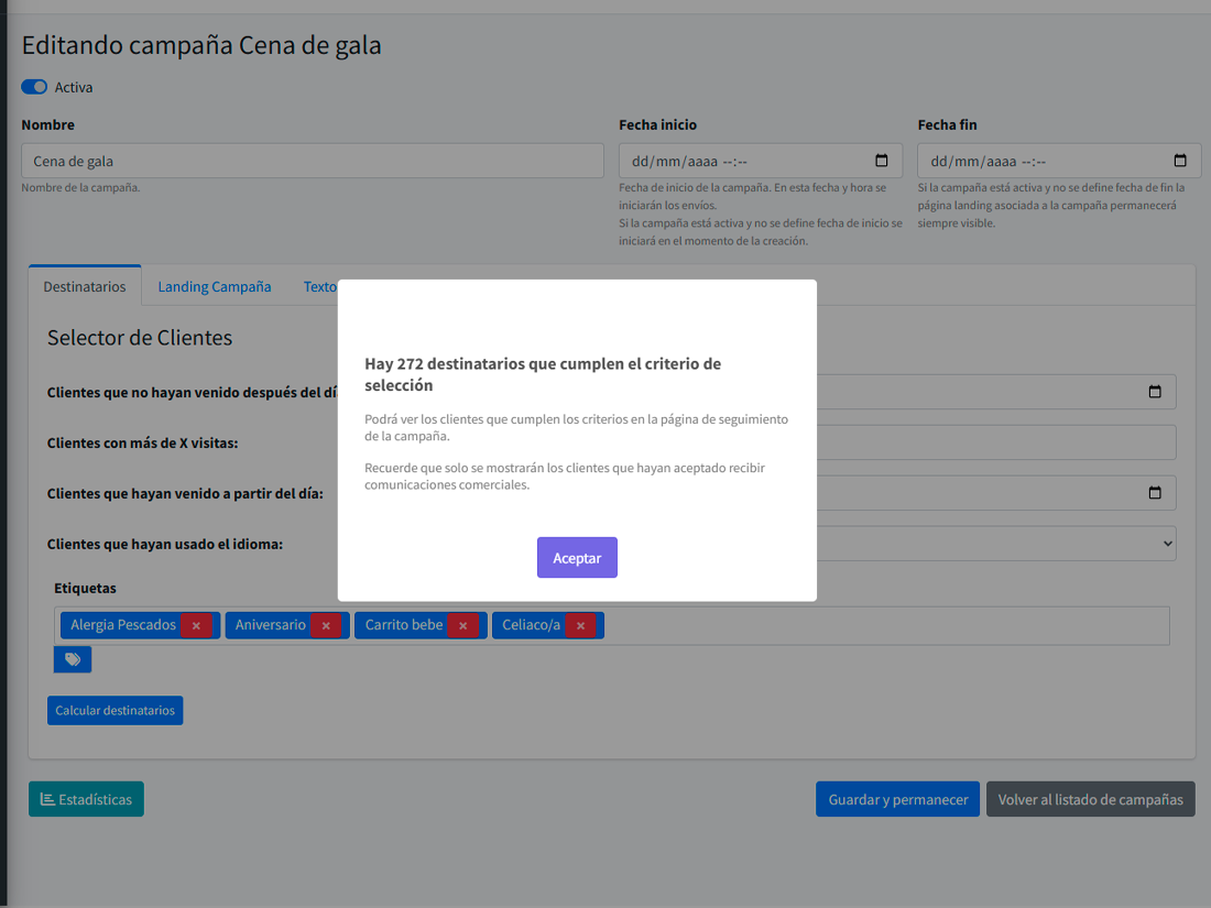 Guest segment editor combining filters for last visit, reservation tags and birthday month