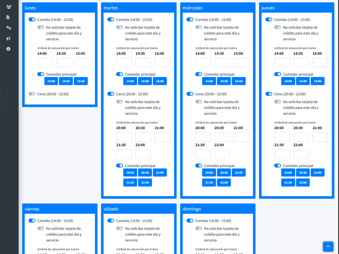 Lista de servicios con «Cena 20:00–23:00» recién creado y los días jueves, viernes y sábado marcados como activos