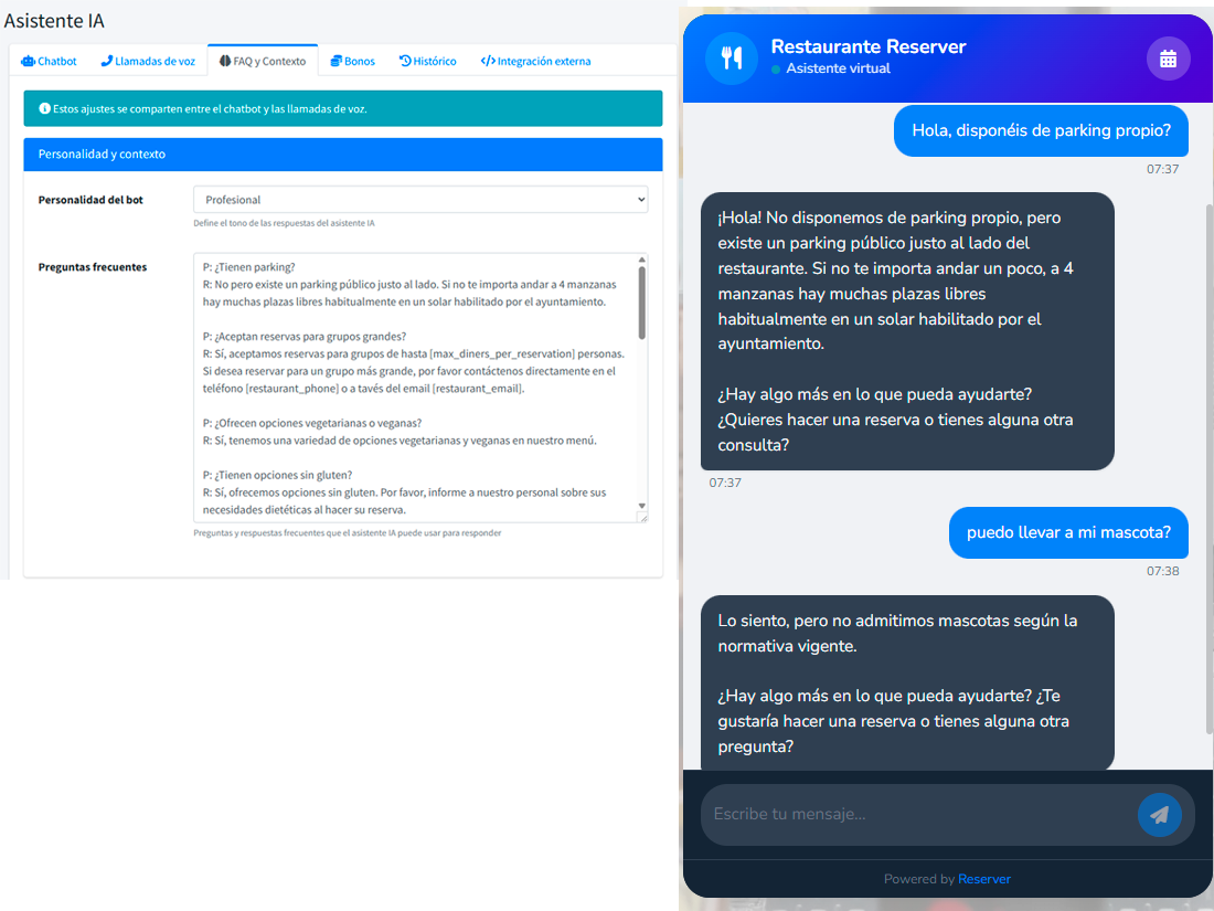 Editor for the restaurant’s custom FAQs with categories and official answers the bot pulls from during conversations