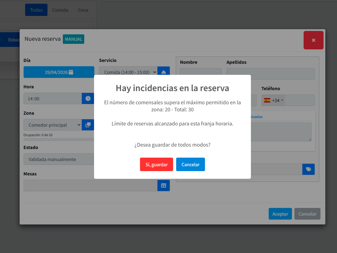 Edición de una reserva con validación de disponibilidad en vivo y propuesta de mesa alternativa al detectar conflicto
