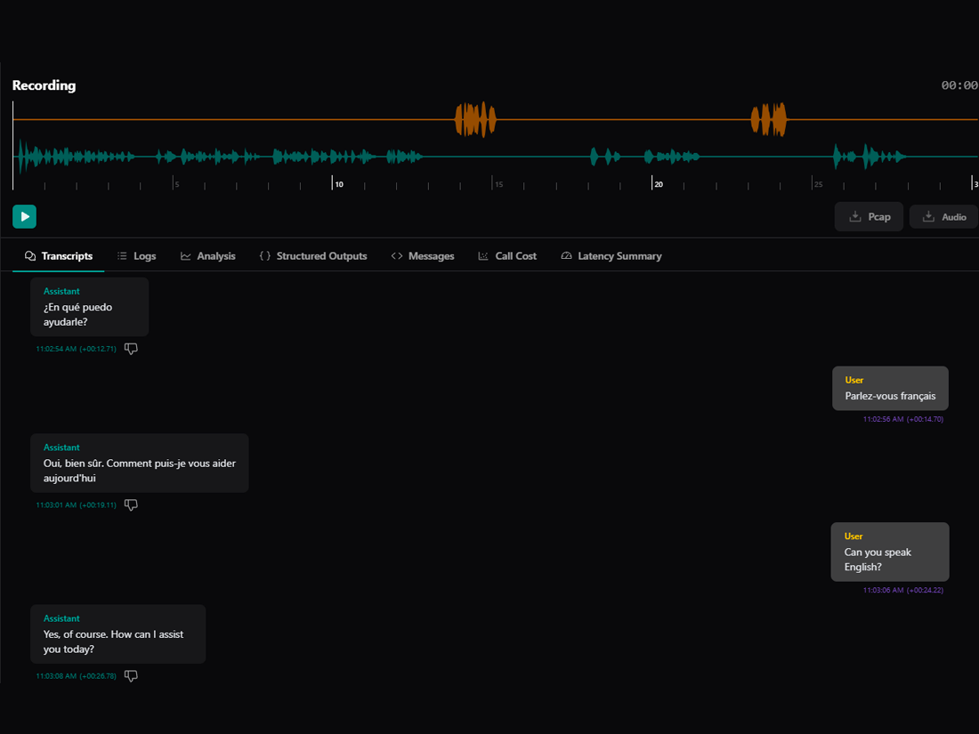 Call with detected-language badge and the transcript in the guest’s language alongside a translation for the team