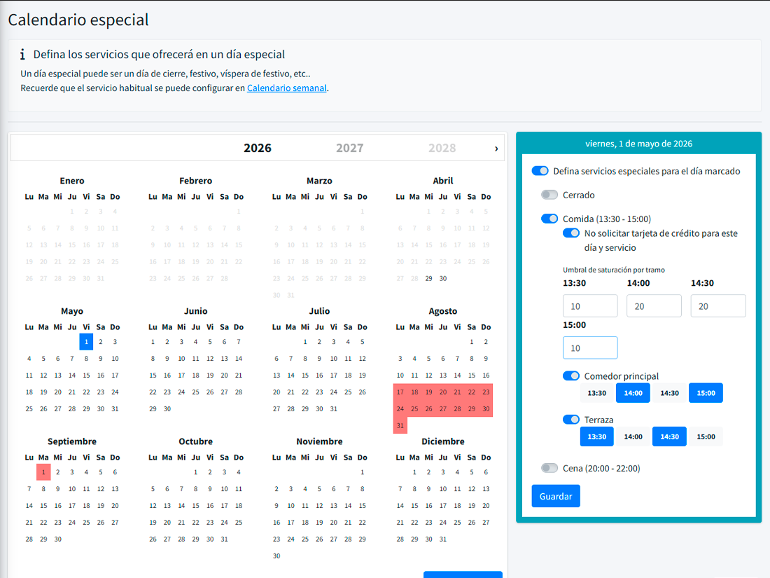 Yearly calendar with holidays and special events overriding the weekly setup on specific dates