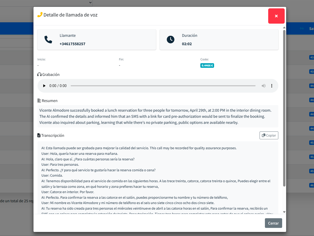 List of calls with duration, outcome and an audio player synchronised with the transcript