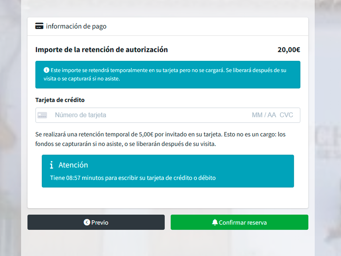 Stripe-integrated payment step in the widget showing full charge, deposit and pre-authorization options