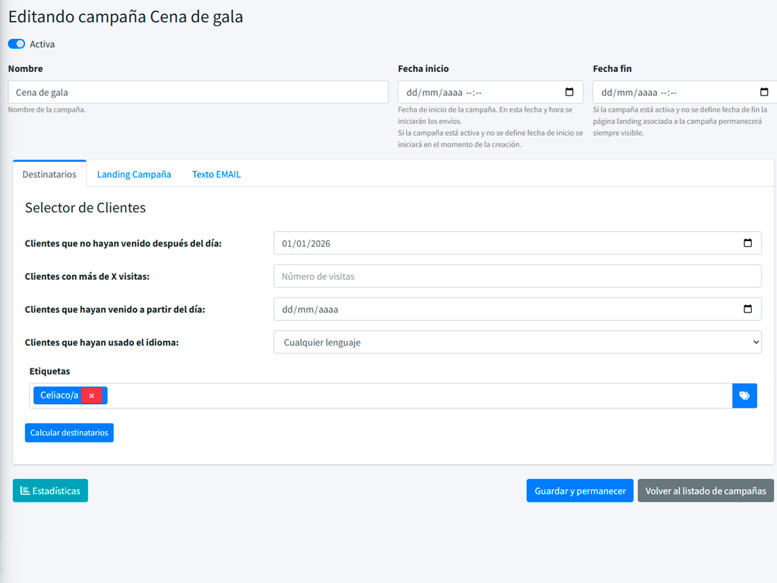 Paso de elección de audiencia en una campaña con dropdown de segmentos guardados y contador de la audiencia actualizándose en vivo