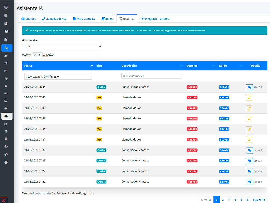 AI credit dashboard showing this month’s usage, per-conversation cost history and top-up button