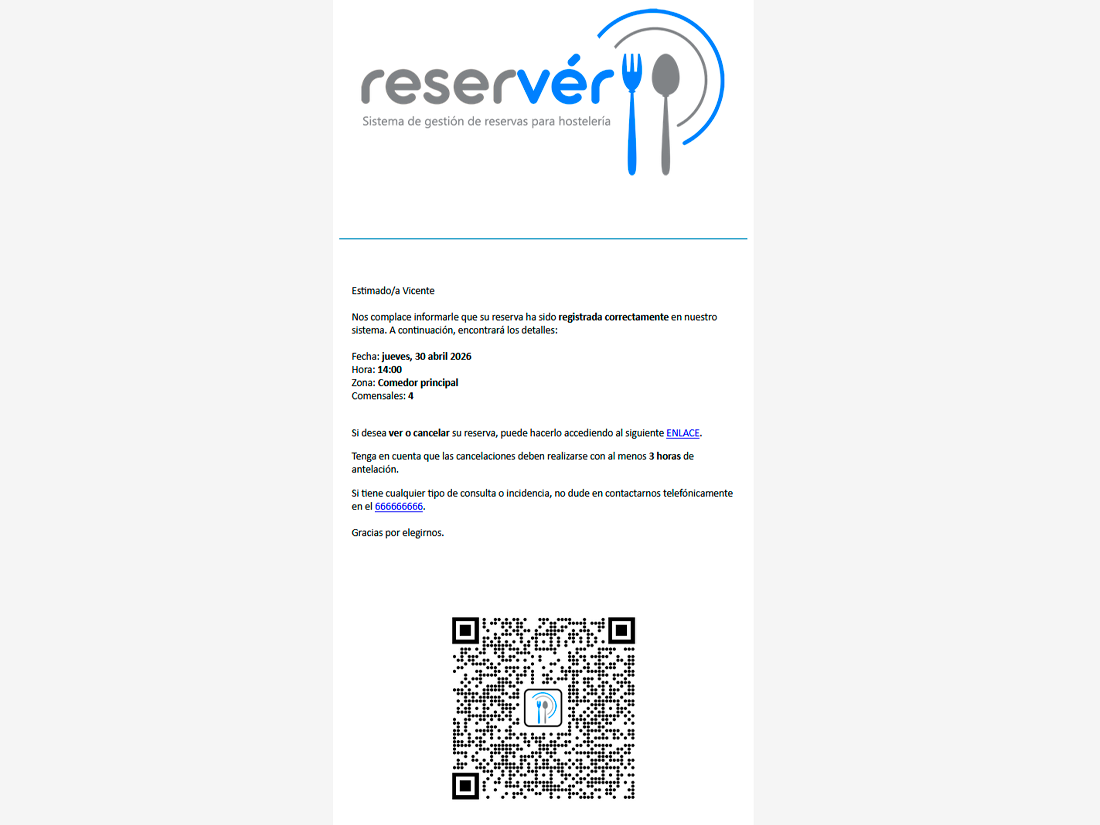 Booking confirmation email with the restaurant’s branding, check-in QR code and a self-service modify/cancel link