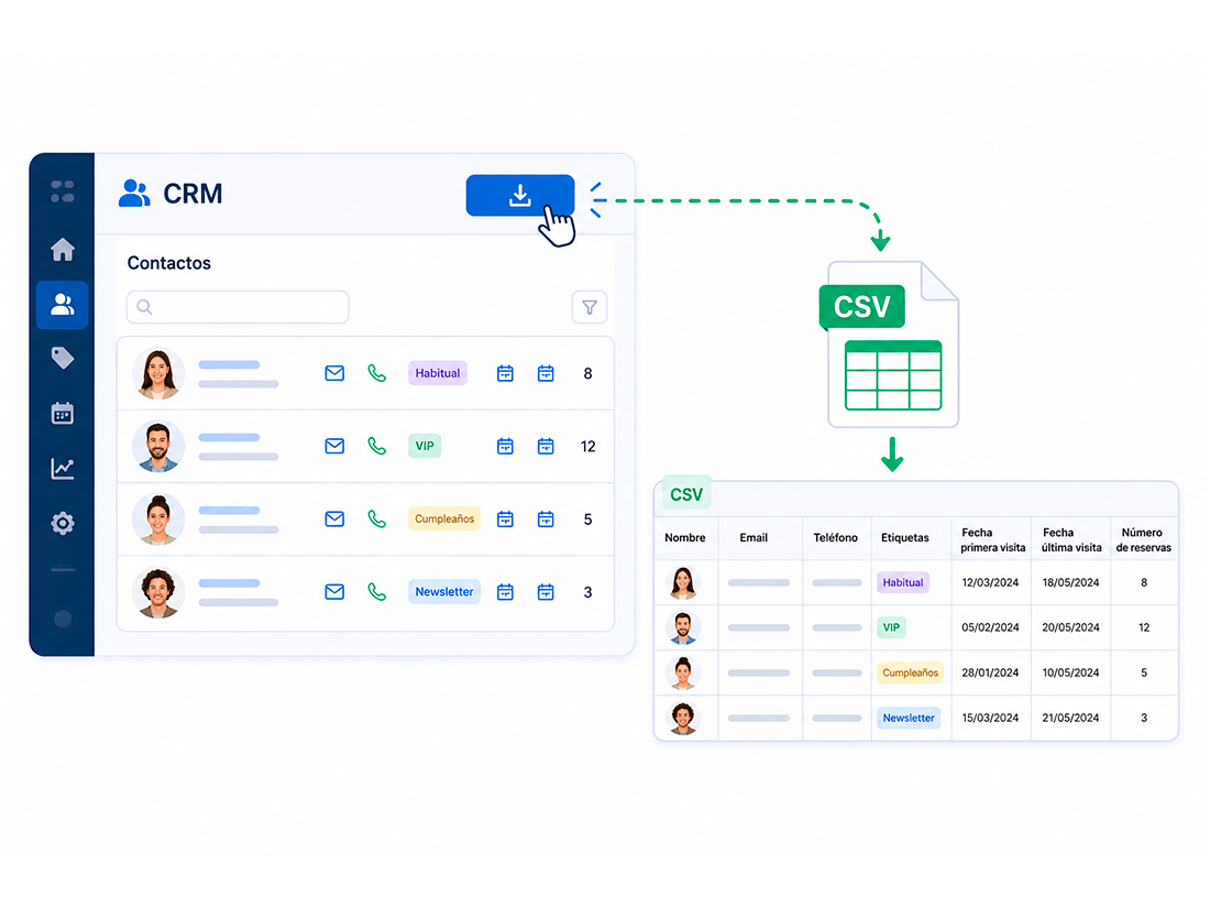 CRM CSV export modal with selectable fields, a preview of the first rows and a button to download the full list
