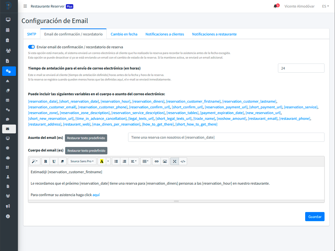 Configuración de email con el toggle «Recordatorio 24 h antes» activado y previsualización del email al lado